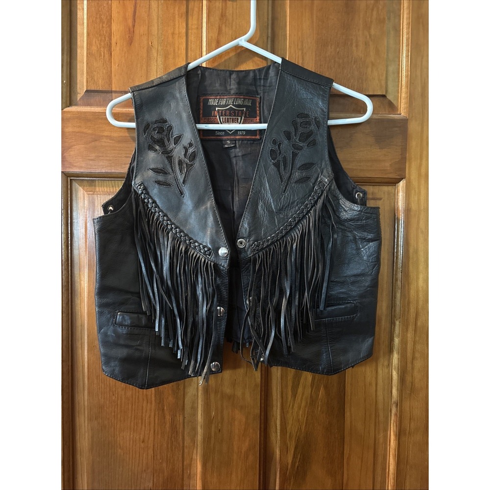 Interstate Leather Womens Black Rose Fringe Biker Vest Small Genuine Leather